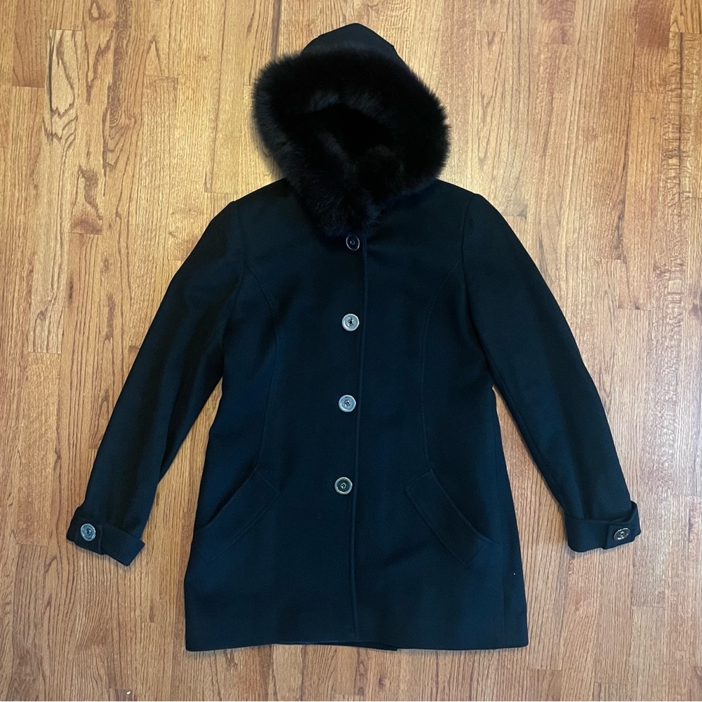 George Simonton Couture black lambswool cashmere with fox fur hooded coat 12